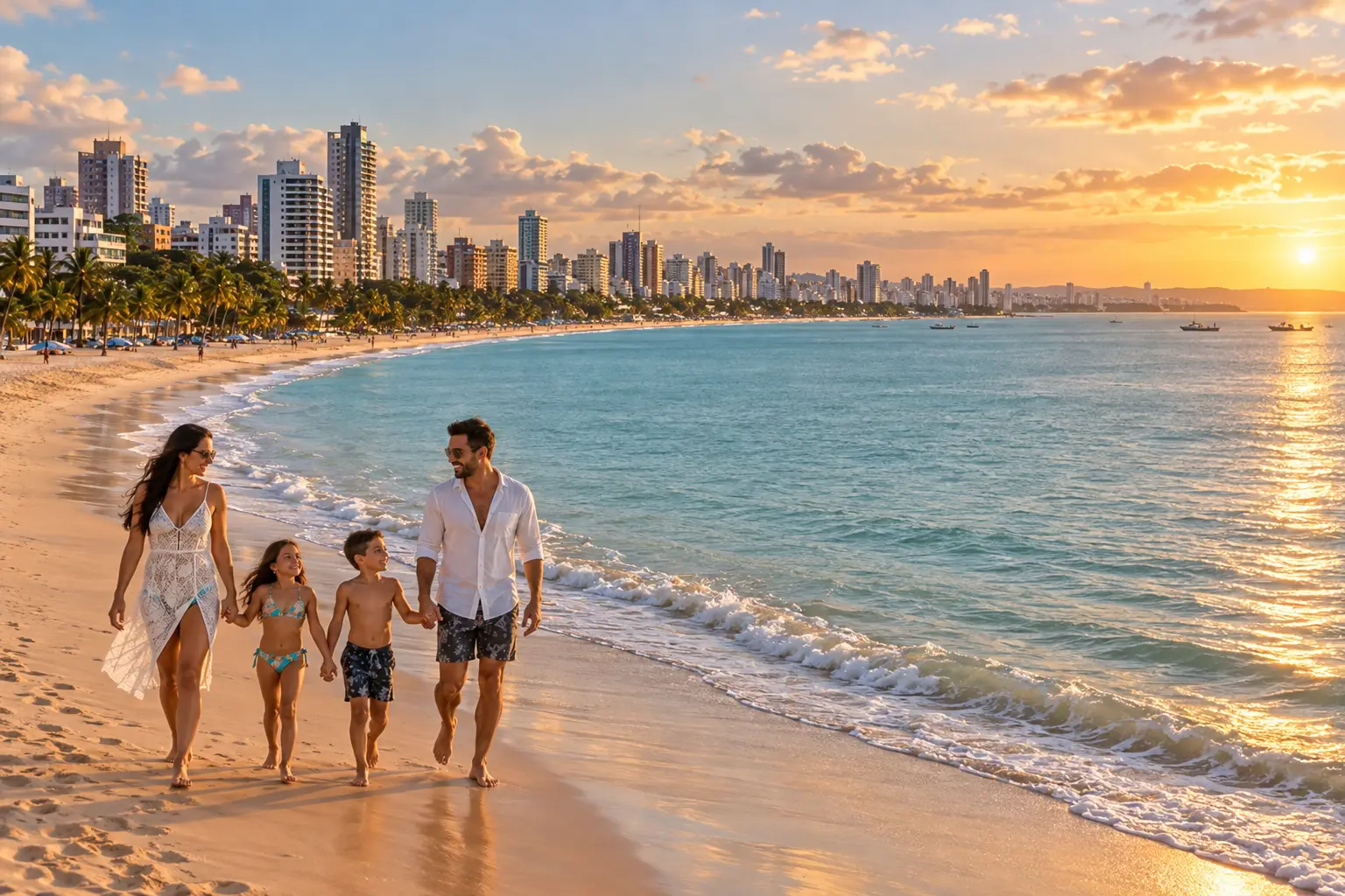 Família caminhando na praia de João Pessoa no fim da tarde